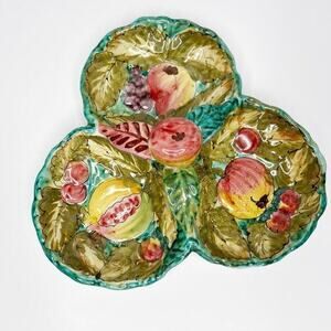 Vintage Italian Hand Painted Pottery Majolica Fruits Leaves Divided Serving Dish